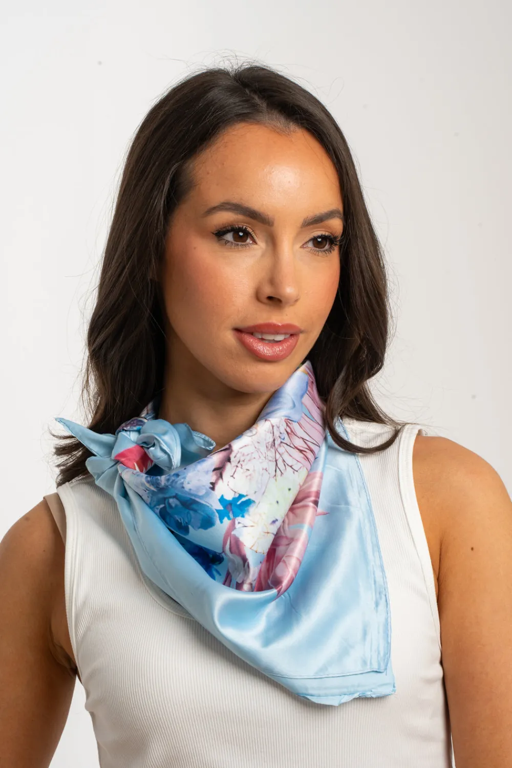 The Walk in Wardrobe Scarves>Eden Floral Print Neck Scarf In Sky Blue