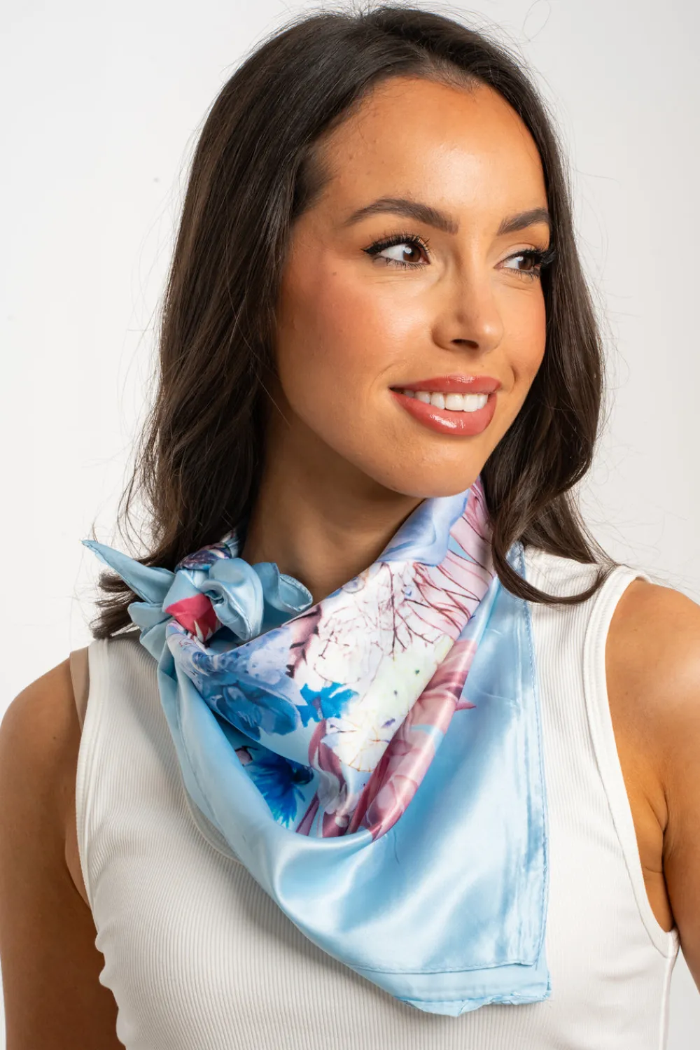 The Walk in Wardrobe Scarves>Eden Floral Print Neck Scarf In Sky Blue