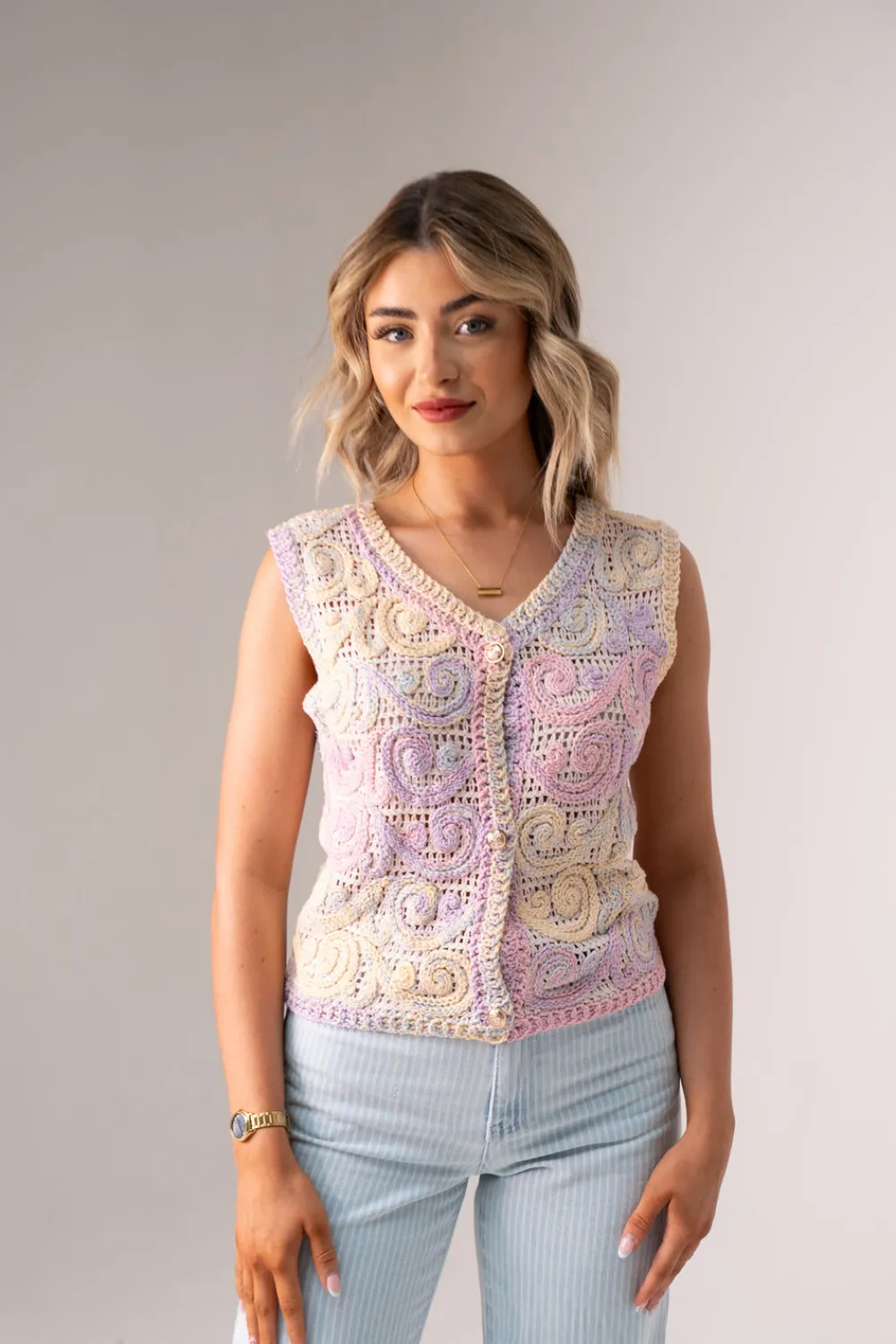 The Walk in Wardrobe Tops>Ella Crochet Waistcoat In Multi