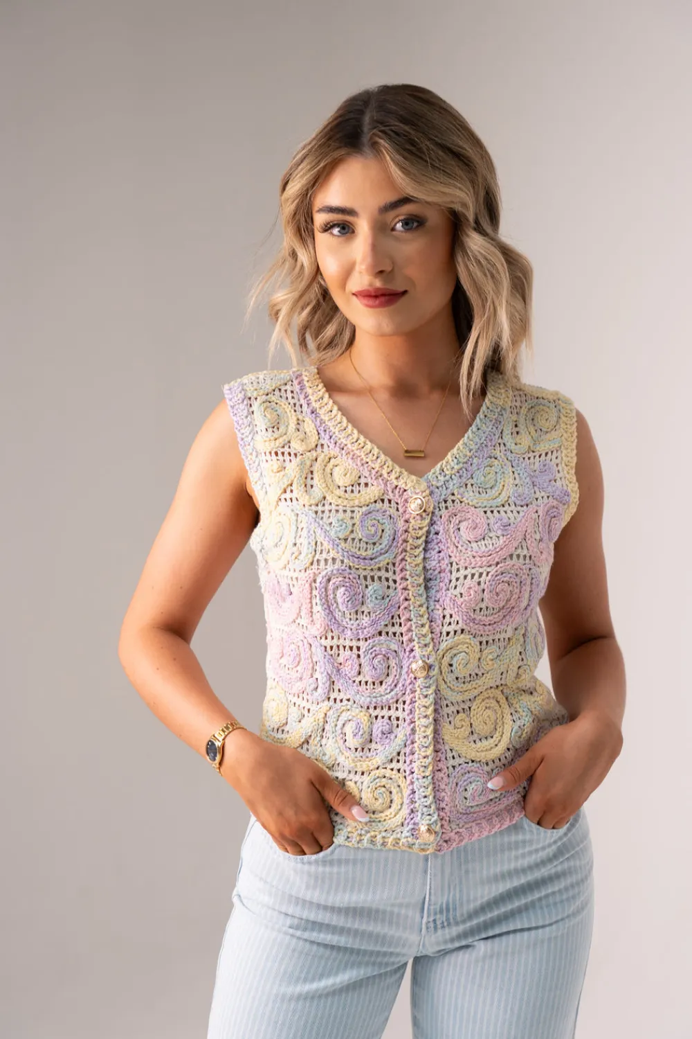 The Walk in Wardrobe Tops>Ella Crochet Waistcoat In Multi