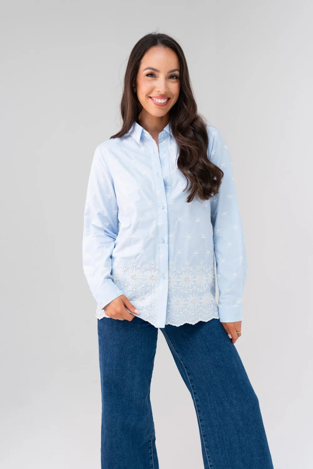 The Walk in Wardrobe Shirts>Ella Embroidered Shirt In Blue
