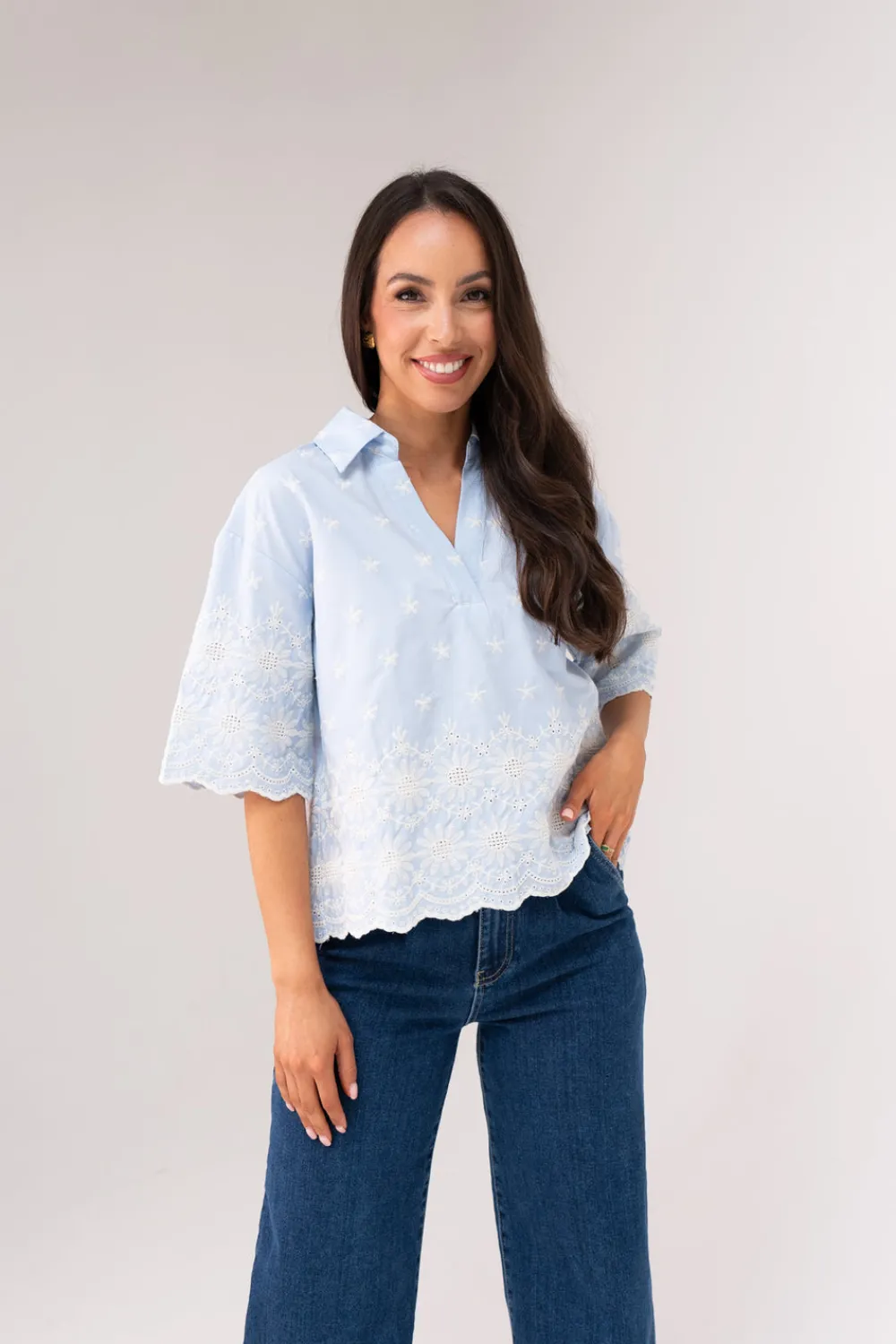 The Walk in Wardrobe Shirts>Ella Floral Embroidered Blouse In Blue