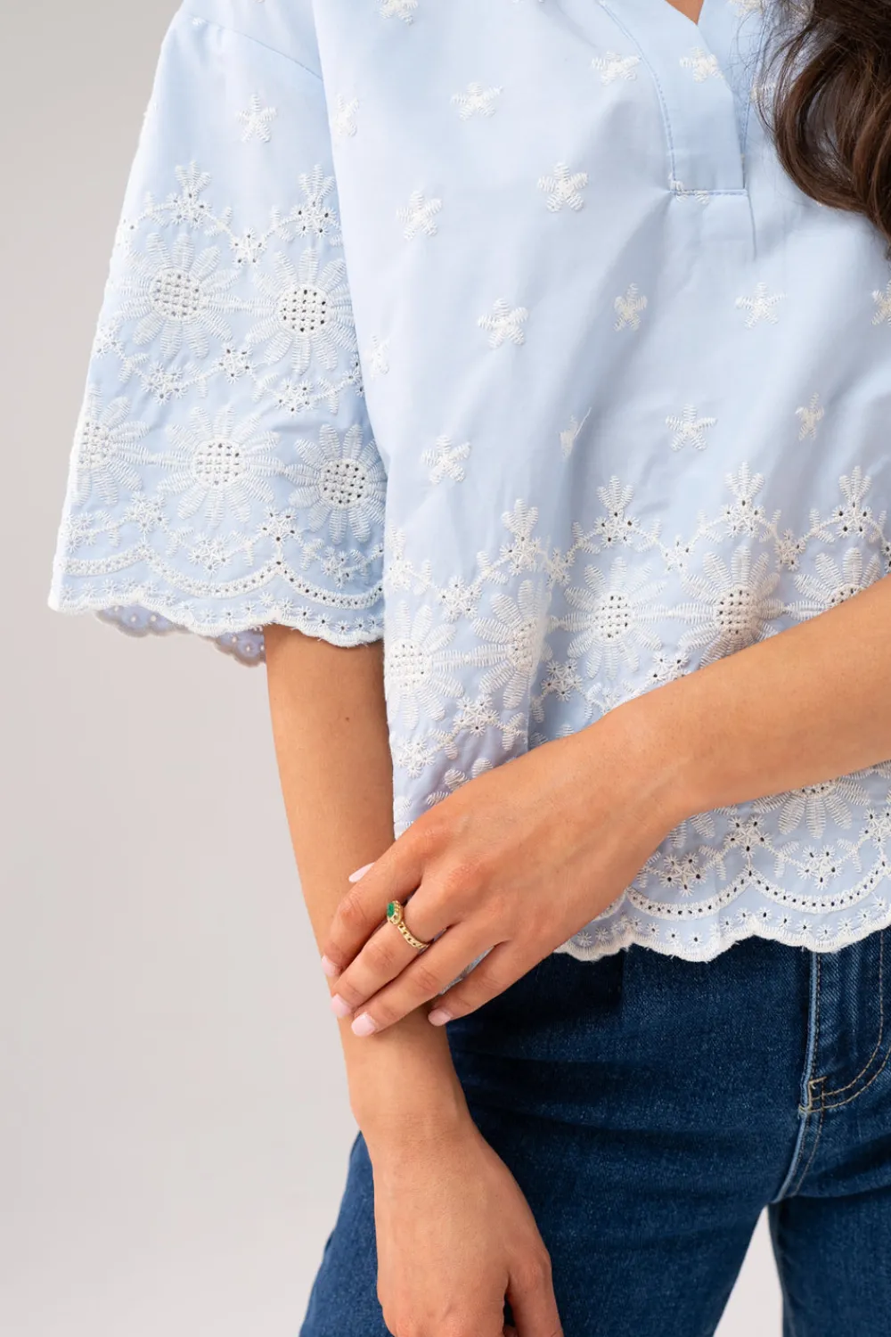 The Walk in Wardrobe Shirts>Ella Floral Embroidered Blouse In Blue
