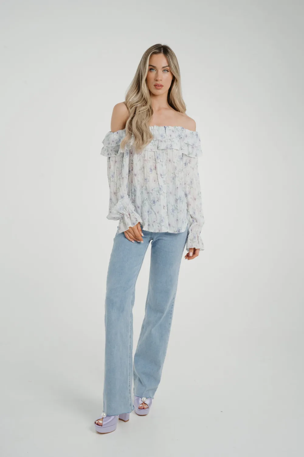 The Walk in Wardrobe Tops>Elsa Bardot Floral Top In Lilac Mix