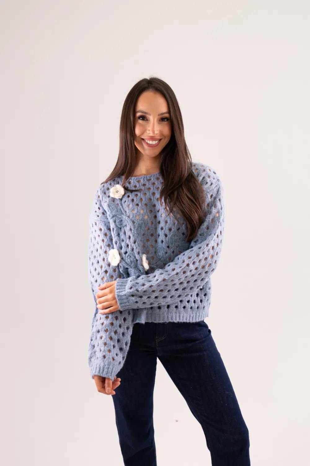 The Walk in Wardrobe Knitwear|Jumpers & Cardigans>Elsa Crochet Jumper With Flowers In Blue