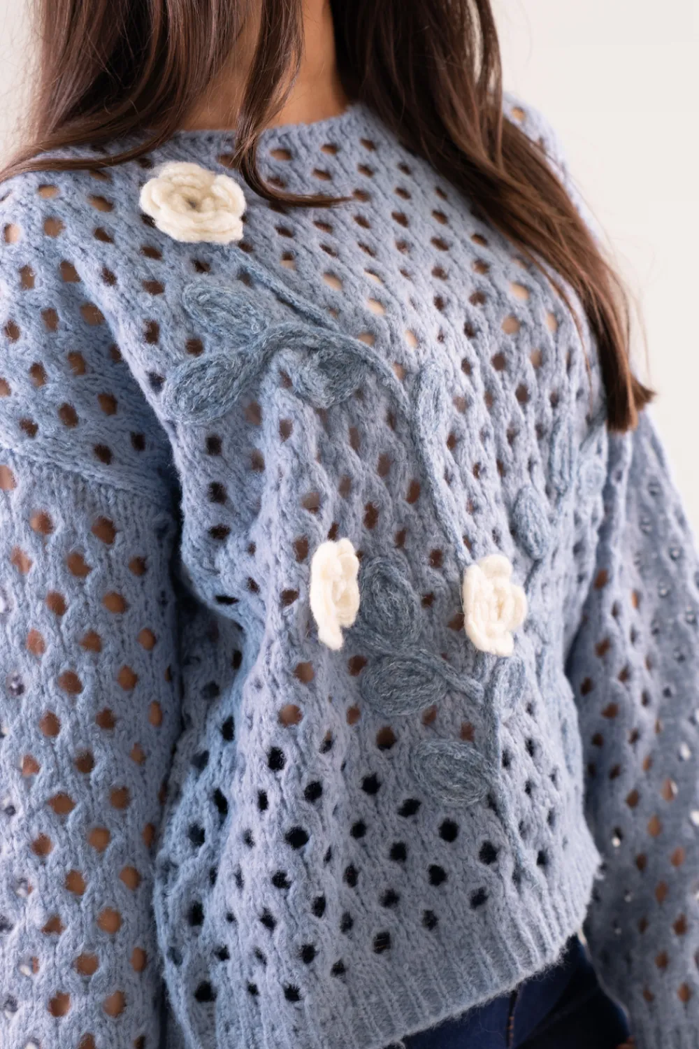 The Walk in Wardrobe Knitwear|Jumpers & Cardigans>Elsa Crochet Jumper With Flowers In Blue
