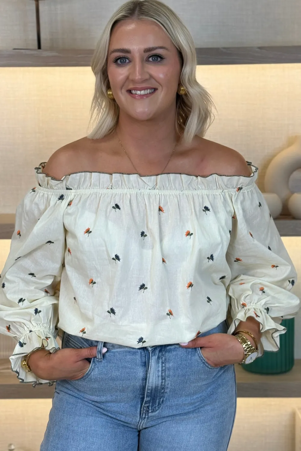 The Walk in Wardrobe Tops>Elsa Embroidered Bardot Top In Cream Mix