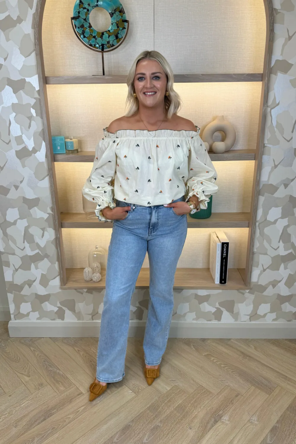 The Walk in Wardrobe Tops>Elsa Embroidered Bardot Top In Cream Mix