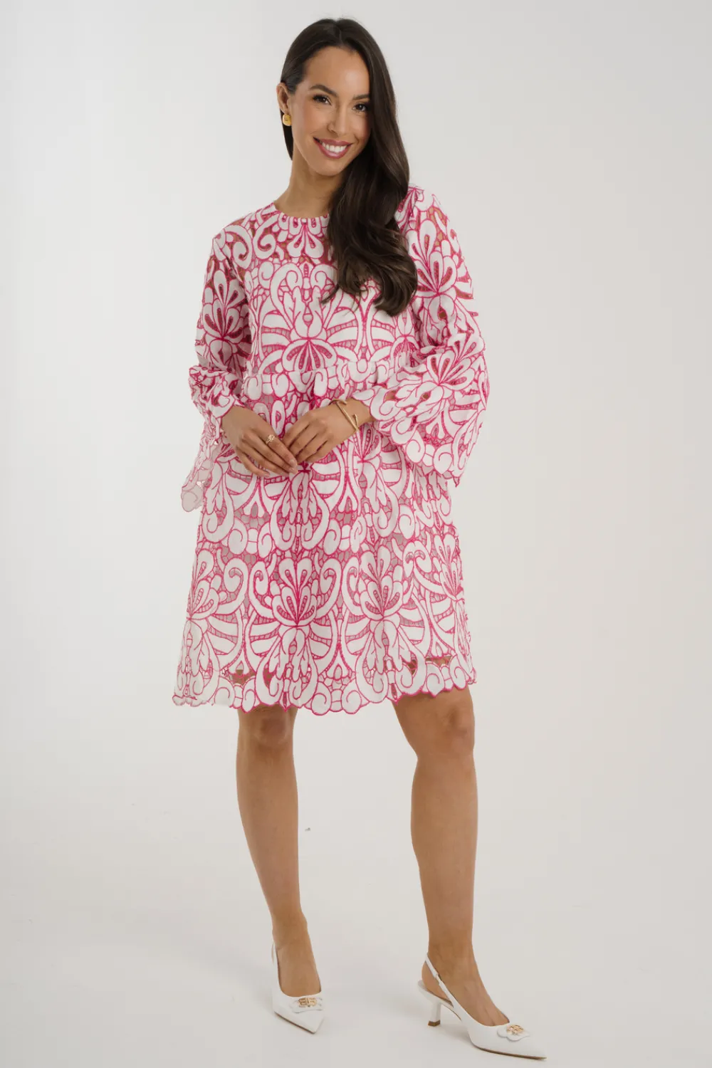 The Walk in Wardrobe Mini Dresses>Elsa Embroidered Dress In Pink & White