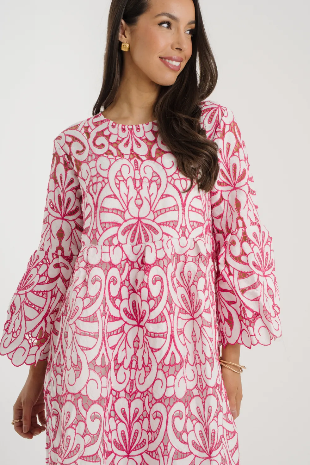 The Walk in Wardrobe Mini Dresses>Elsa Embroidered Dress In Pink & White