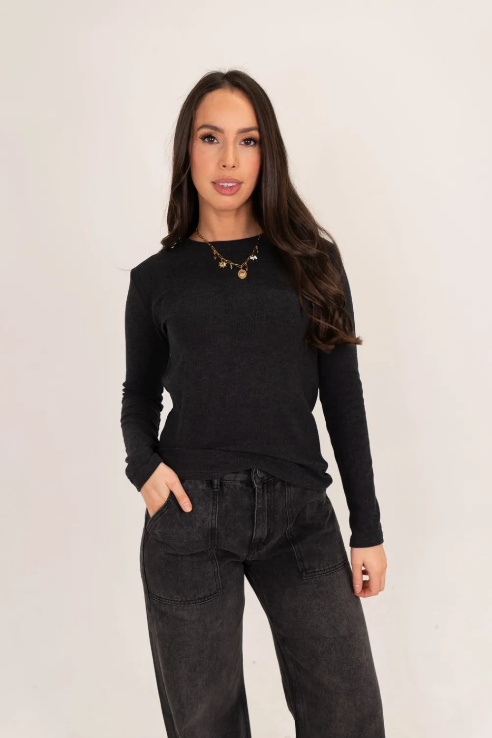 The Walk in Wardrobe Tops>Elsa Long Sleeve Top In Charcoal