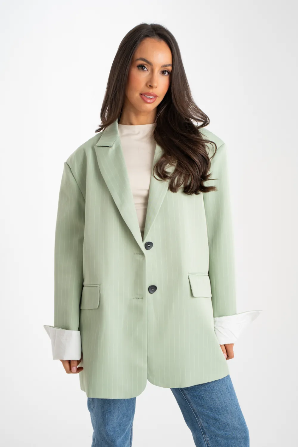 The Walk in Wardrobe Blazers>Elsa Oversize Pinstripe Blazer In Blue