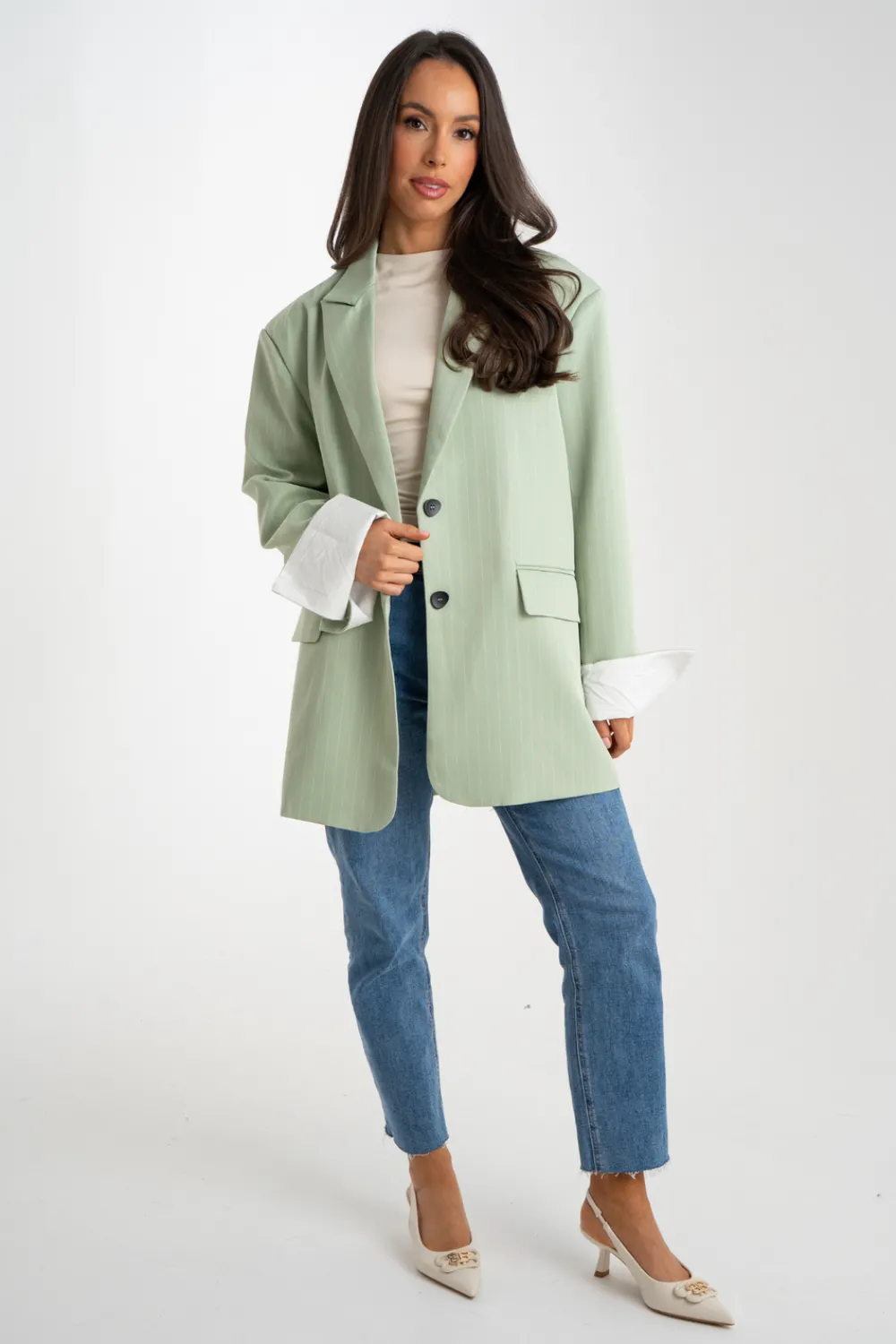 The Walk in Wardrobe Blazers>Elsa Oversize Pinstripe Blazer In Blue