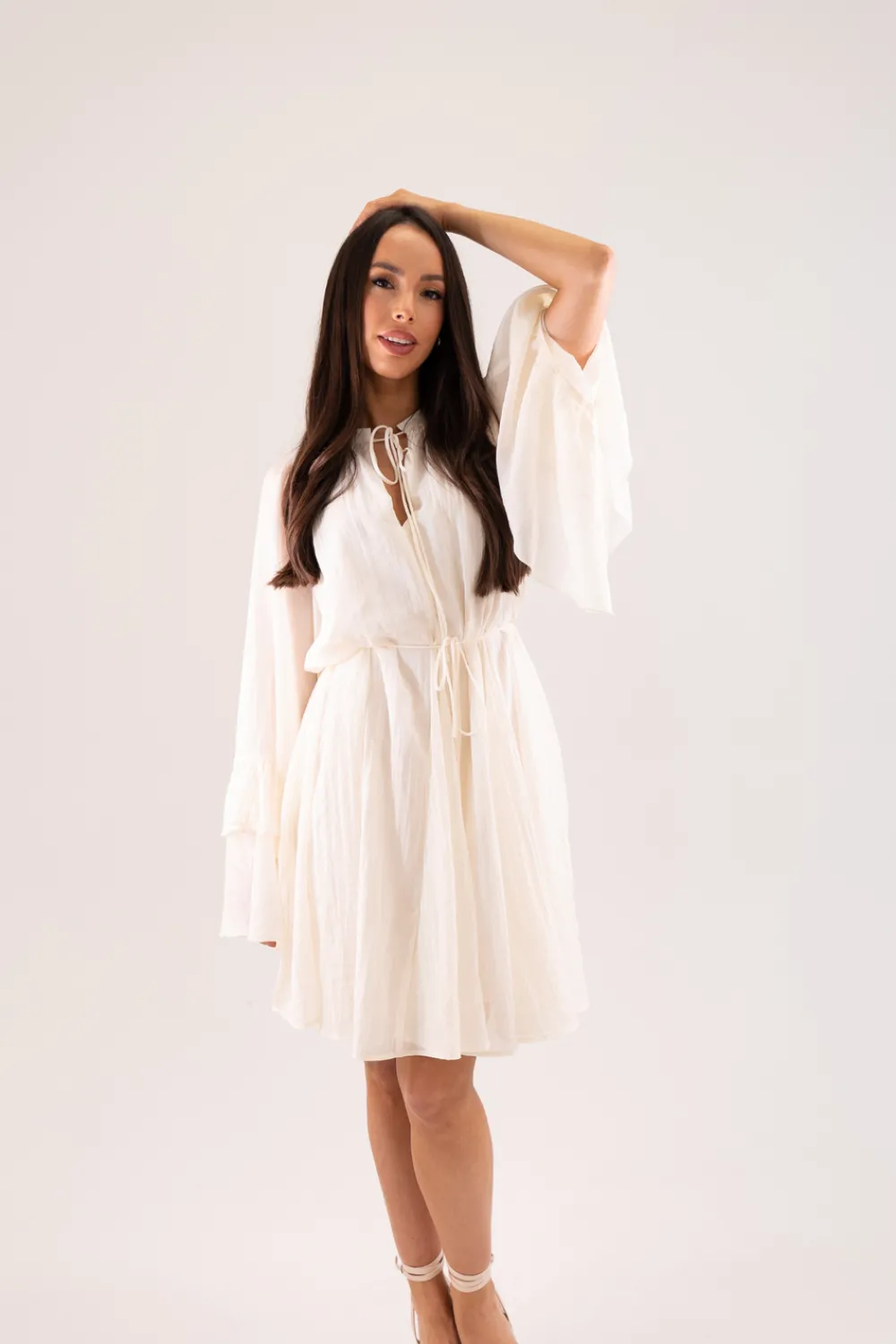 The Walk in Wardrobe Mini Dresses>Elsa Ruffle Sleeve Dress In Neutral