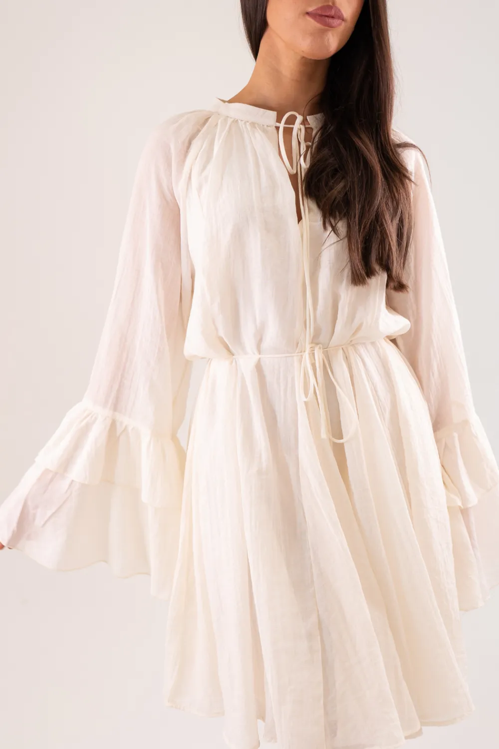 The Walk in Wardrobe Mini Dresses>Elsa Ruffle Sleeve Dress In Neutral