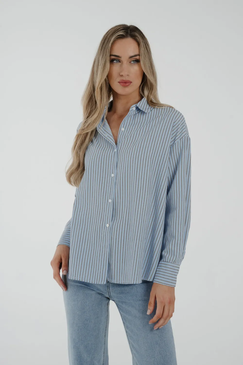 The Walk in Wardrobe Shirts>Elsa Tie Back Pinstripe Shirt In Blue