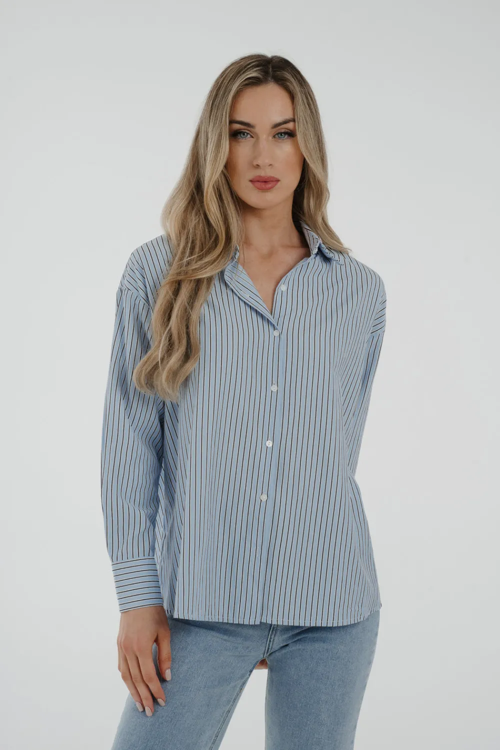 The Walk in Wardrobe Shirts>Elsa Tie Back Pinstripe Shirt In Blue