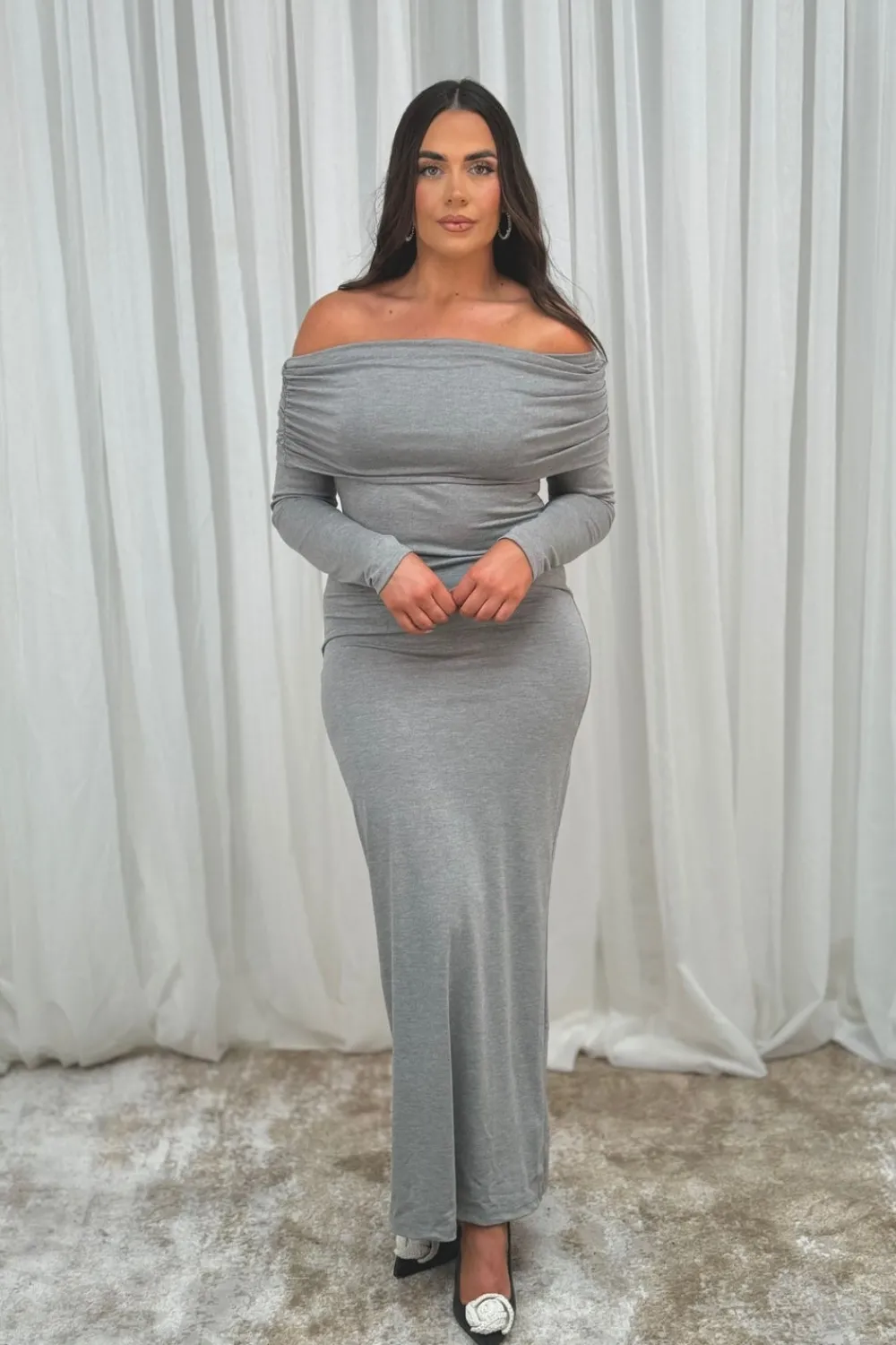 The Walk in Wardrobe Midi Dresses>Erica Bardot Midi Dress In Grey