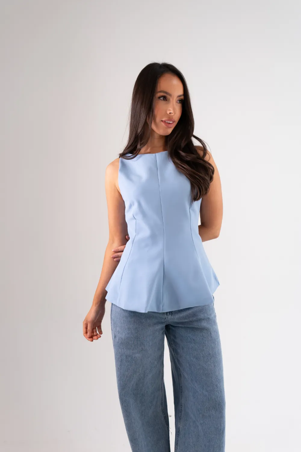 The Walk in Wardrobe Tops>Erica Peplum Top In Sky Blue