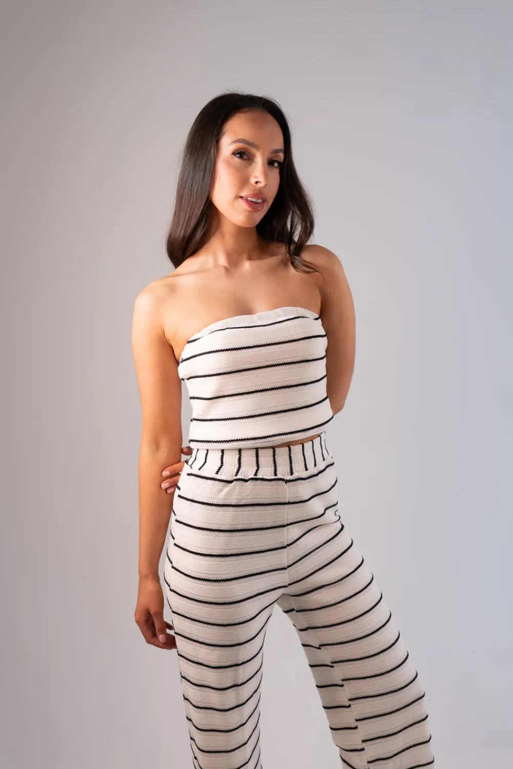 The Walk in Wardrobe Tops>Erica Strapless Crochet Top In Mono Stripe