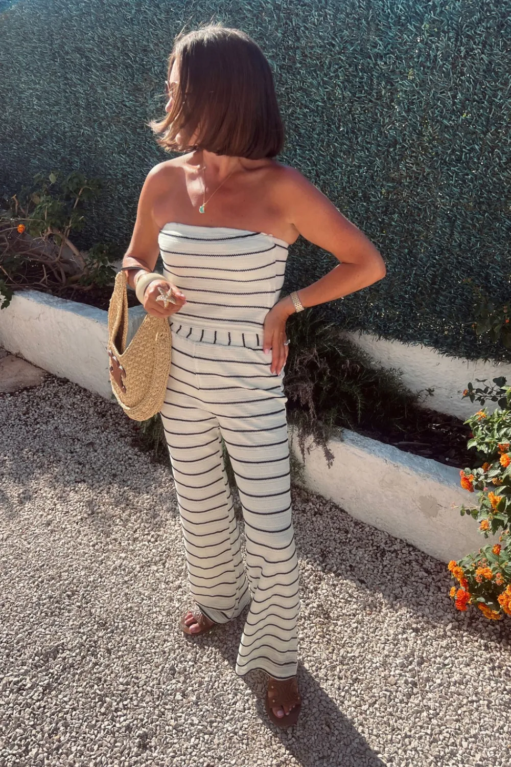 The Walk in Wardrobe Tops>Erica Strapless Crochet Top In Mono Stripe