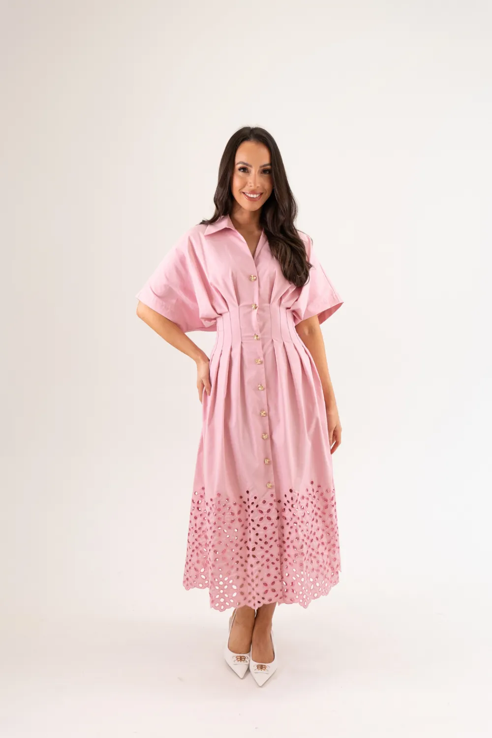 The Walk in Wardrobe Midi Dresses>Eva Broderie Anglaise Trim Dress In Pink