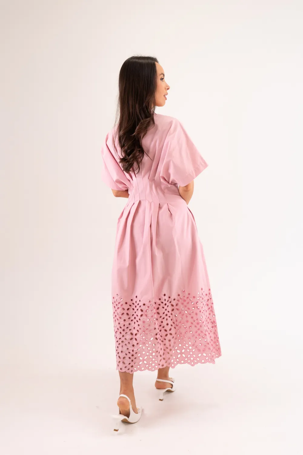 The Walk in Wardrobe Midi Dresses>Eva Broderie Anglaise Trim Dress In Pink