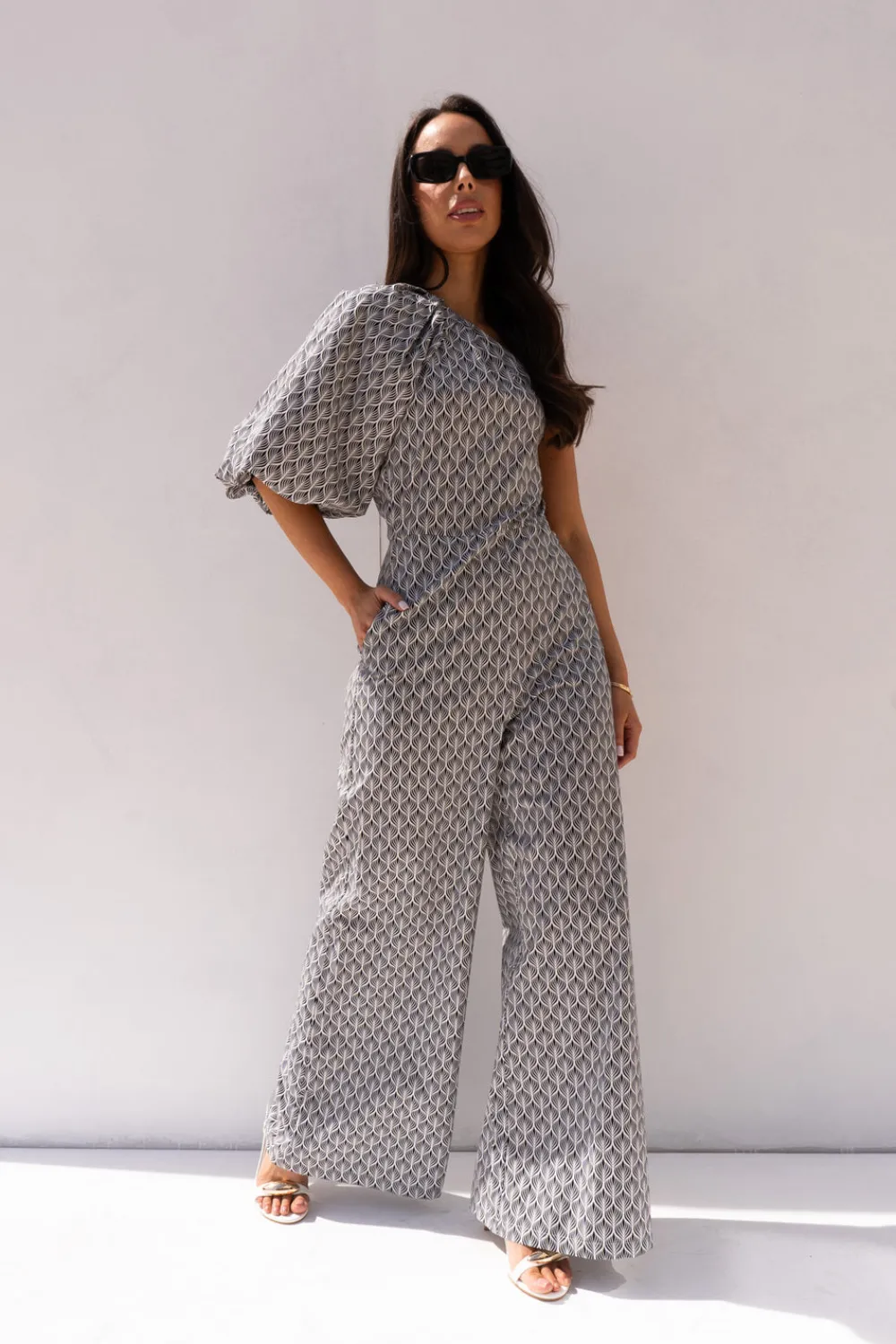 The Walk in Wardrobe Jumpsuits & Playsuits>Eva One Shoulder Jumpsuit In Monochrome Print