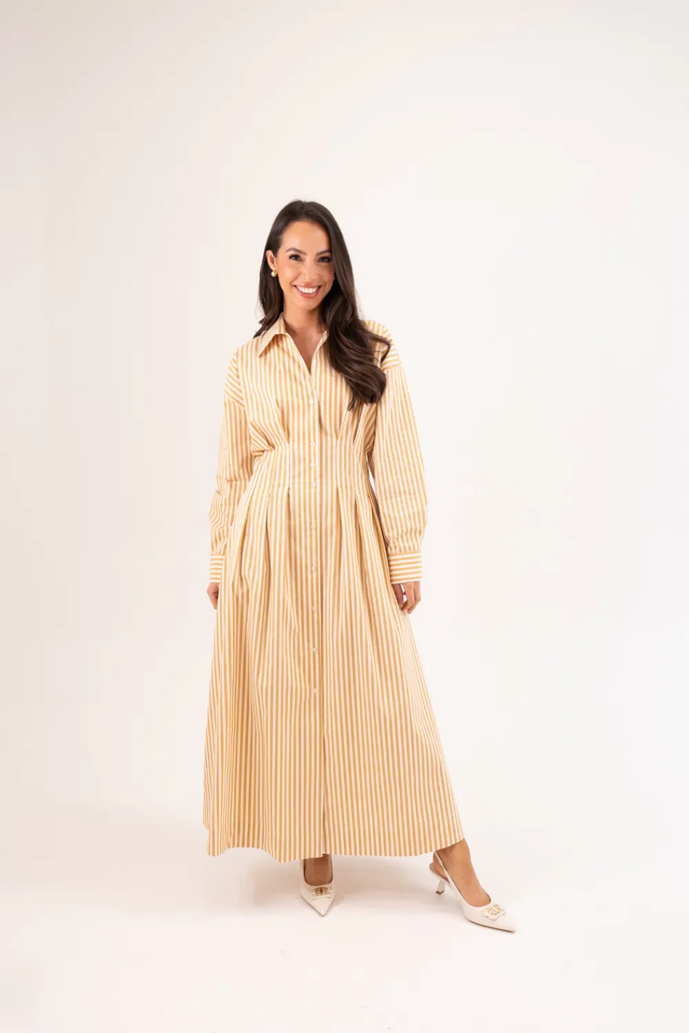 The Walk in Wardrobe Midi Dresses>Eva Stripe Shirt Dress In Tan Mix