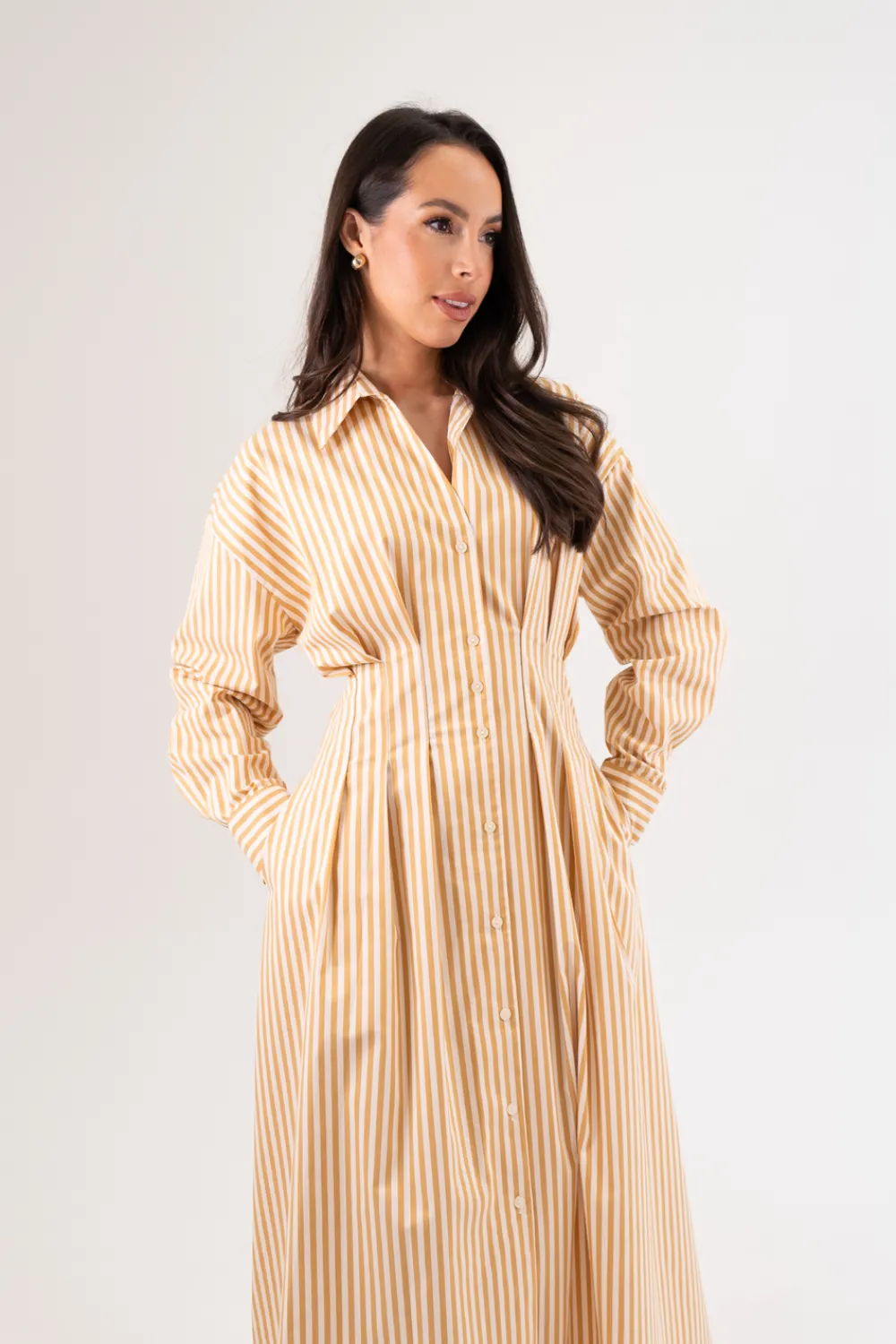 The Walk in Wardrobe Midi Dresses>Eva Stripe Shirt Dress In Tan Mix