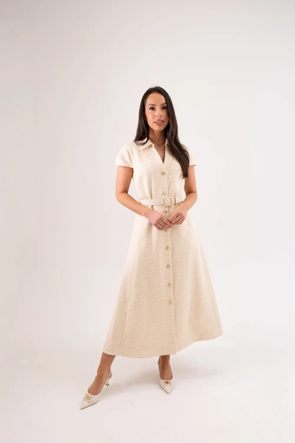 The Walk in Wardrobe Midi Dresses>Eva Tweed Dress In Cream