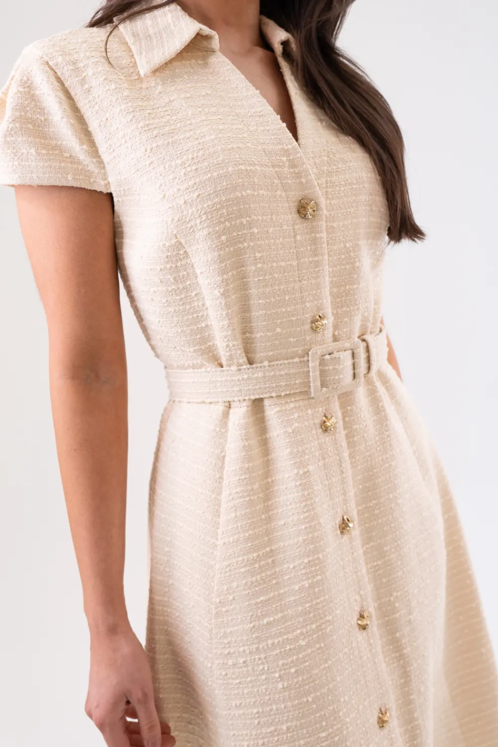 The Walk in Wardrobe Midi Dresses>Eva Tweed Dress In Cream
