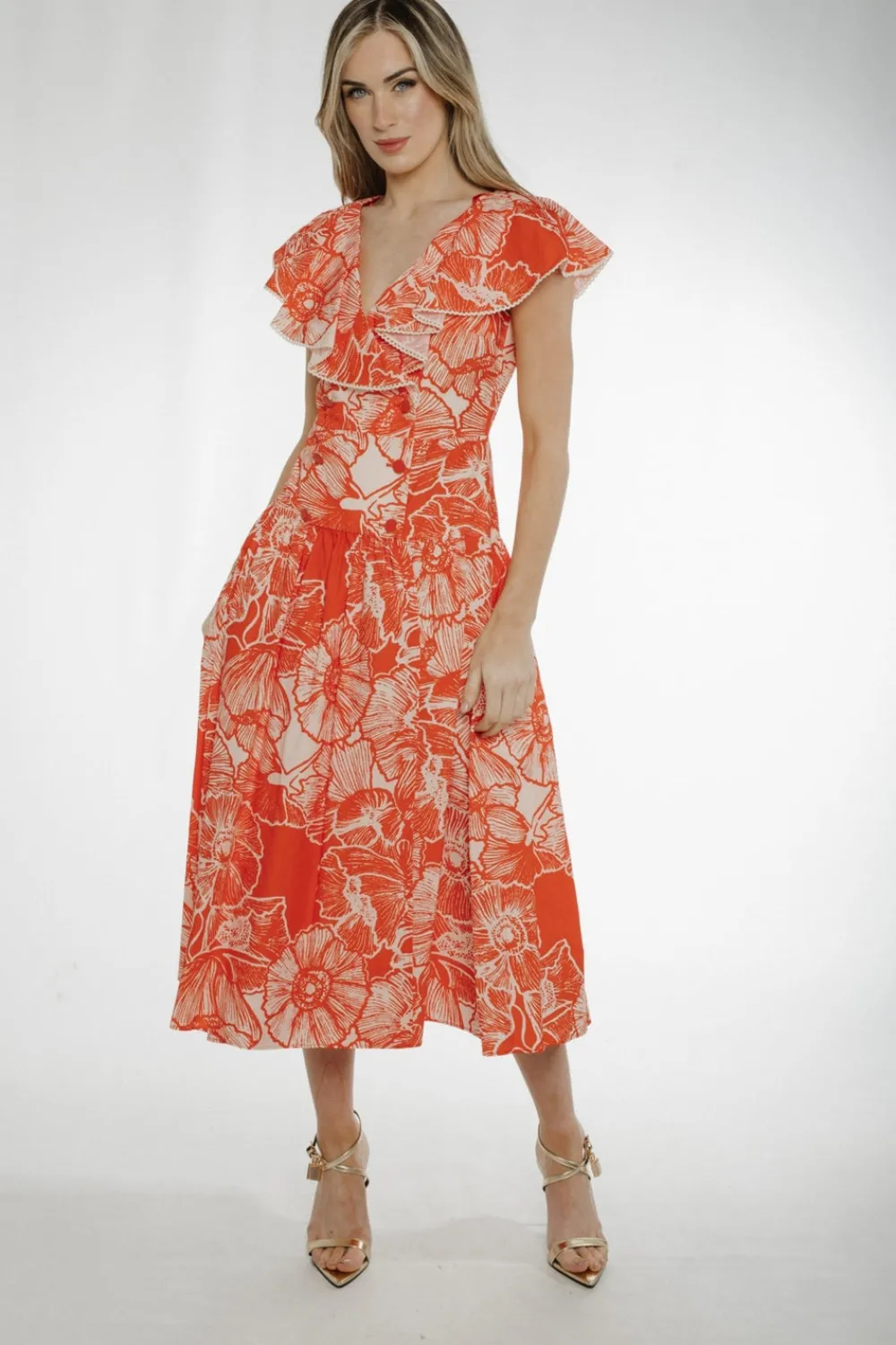 The Walk in Wardrobe Midi Dresses>Eva Wrap Style Dress In Orange Mix