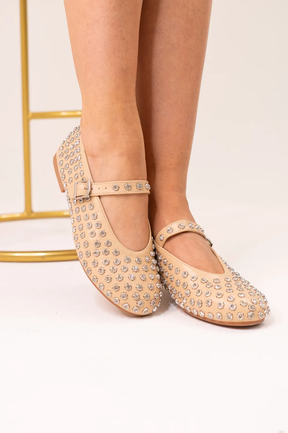 The Walk in Wardrobe Flats>Faith Studded Flats In Neutral