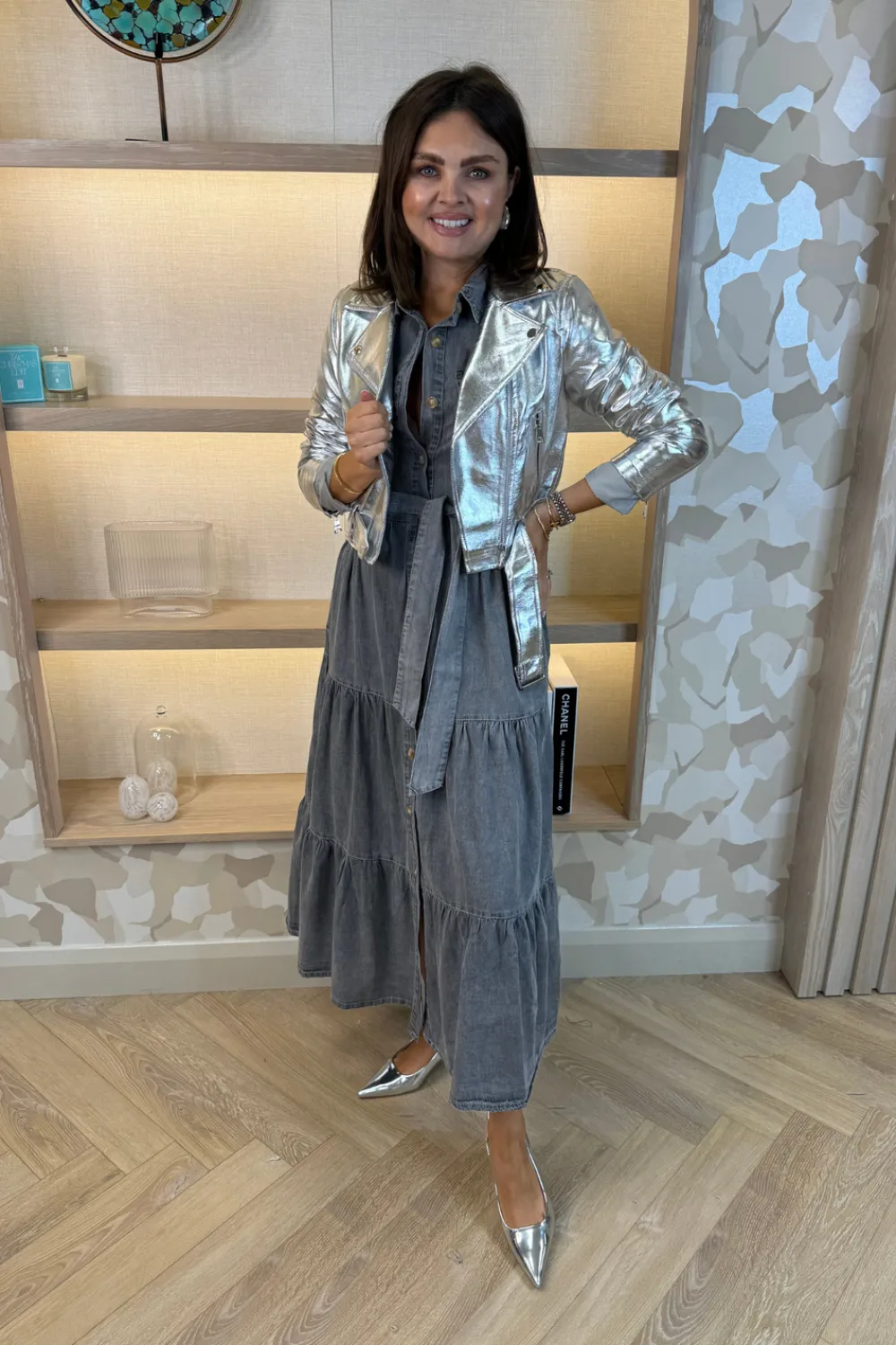 The Walk in Wardrobe Coats & Jackets>Flynn Metallic Biker Jacket In Silver