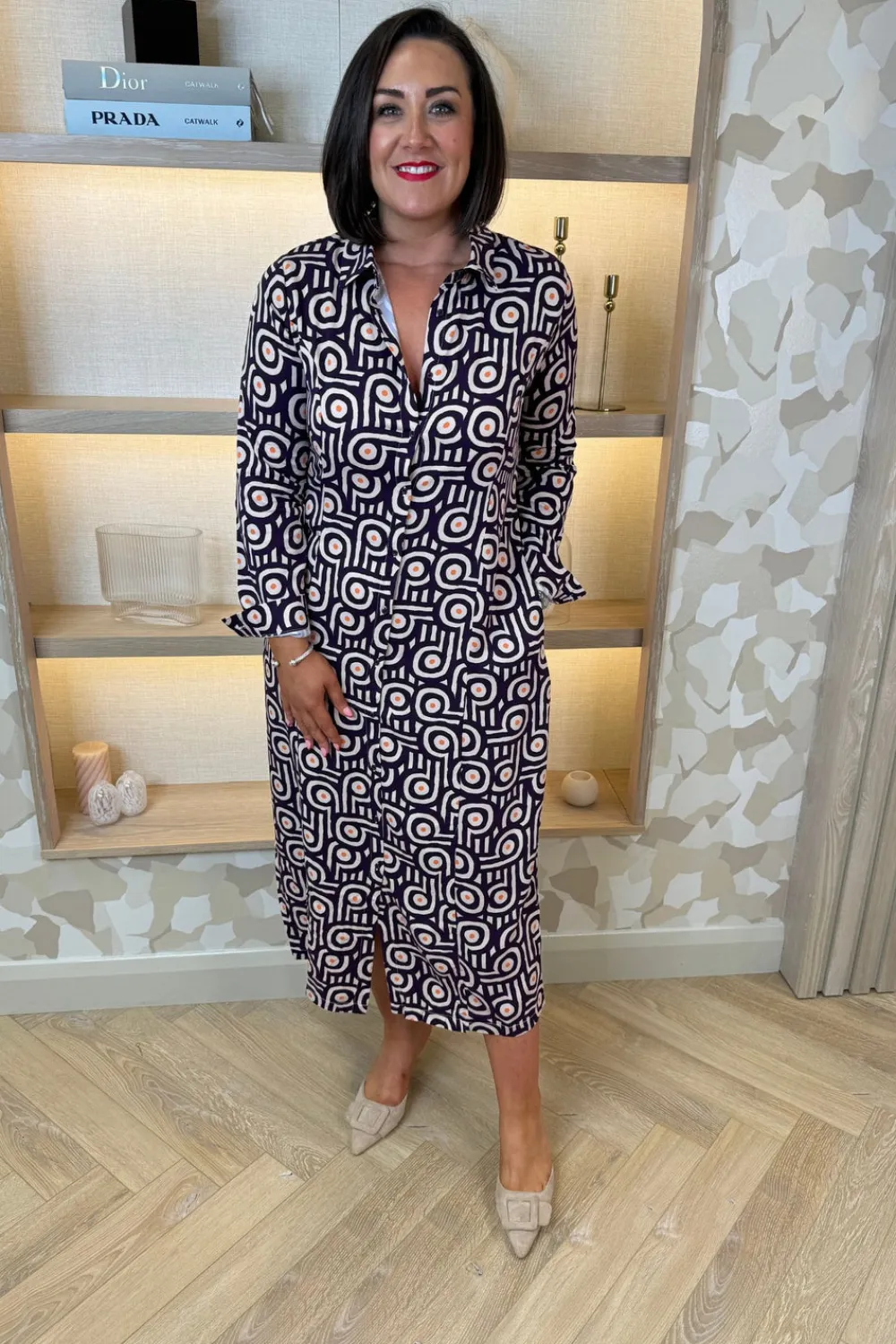 The Walk in Wardrobe Midi Dresses>Frankie Button Front Midi Dress In Purple Mix