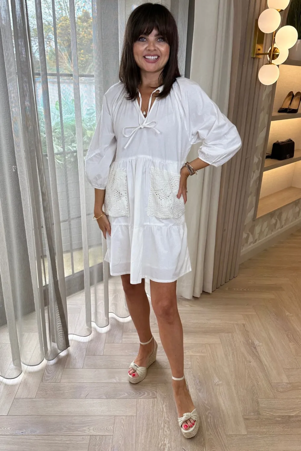 The Walk in Wardrobe Mini Dresses>Frankie Crochet Pocket Dress In White