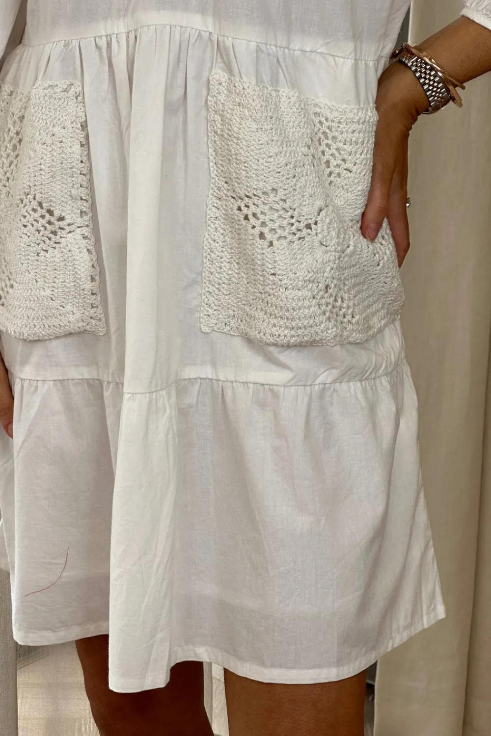 The Walk in Wardrobe Mini Dresses>Frankie Crochet Pocket Dress In White