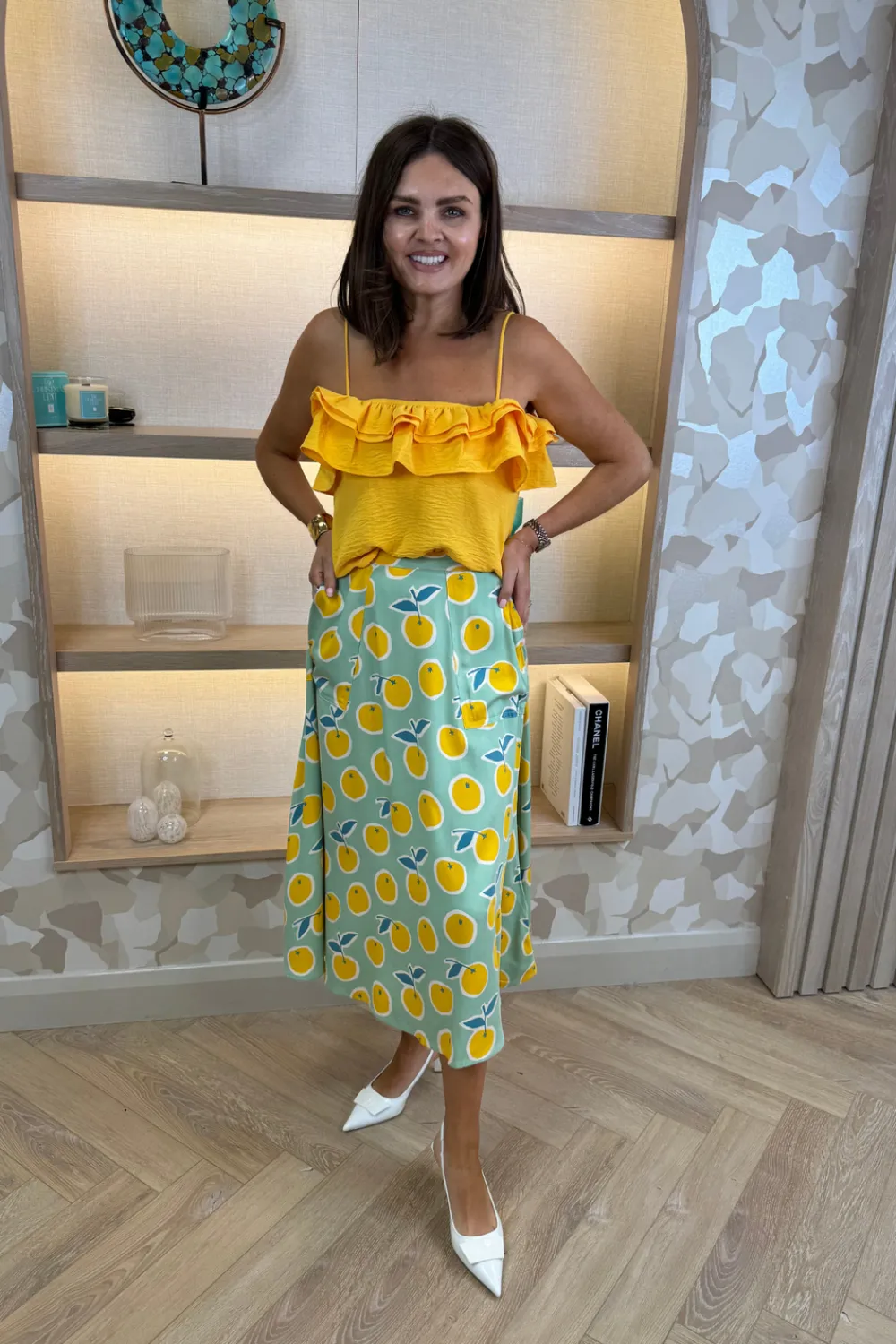 The Walk in Wardrobe Skirts & Skorts>Frankie Orange & Lemon Print Skirt In Sage