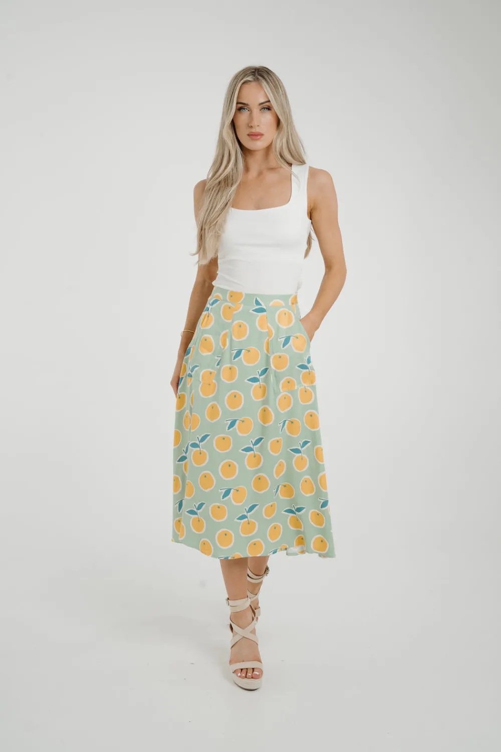 The Walk in Wardrobe Skirts & Skorts>Frankie Orange & Lemon Print Skirt In Sage