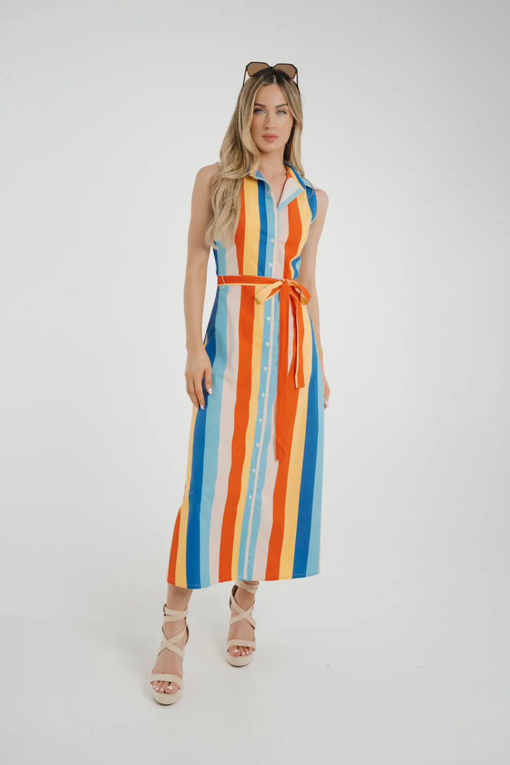 The Walk in Wardrobe Midi Dresses>Frankie Stripe Dress In Blue Multi