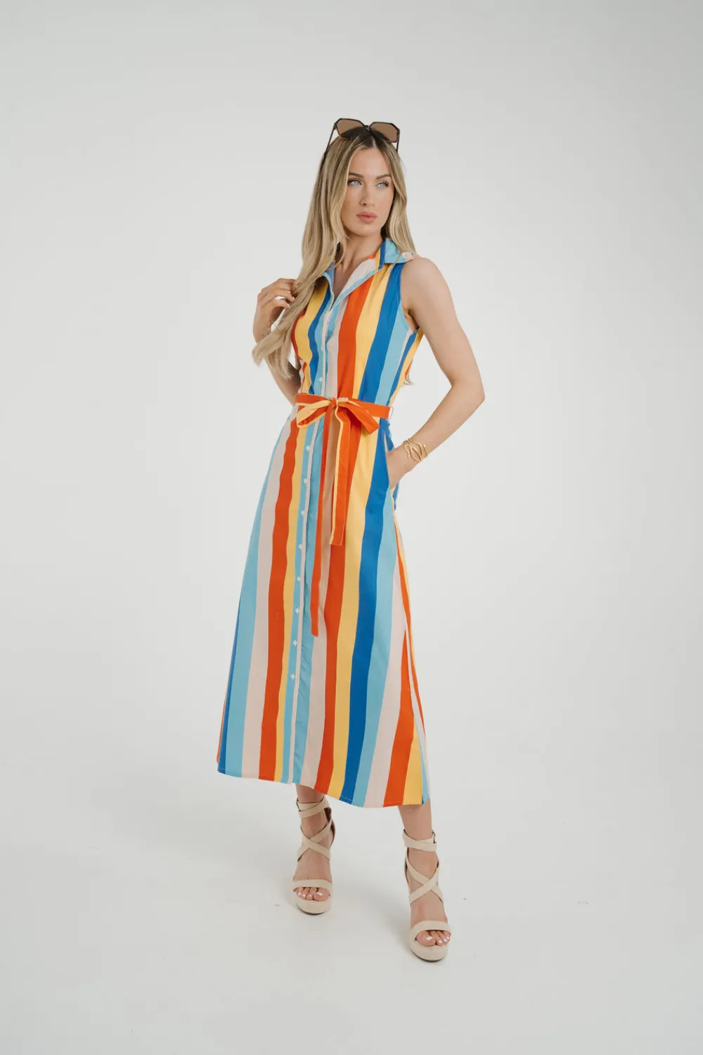 The Walk in Wardrobe Midi Dresses>Frankie Stripe Dress In Blue Multi