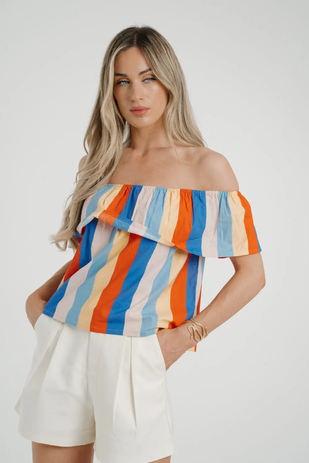 The Walk in Wardrobe Tops>Frankie Stripe Off Shoulder Top In Blue Multi