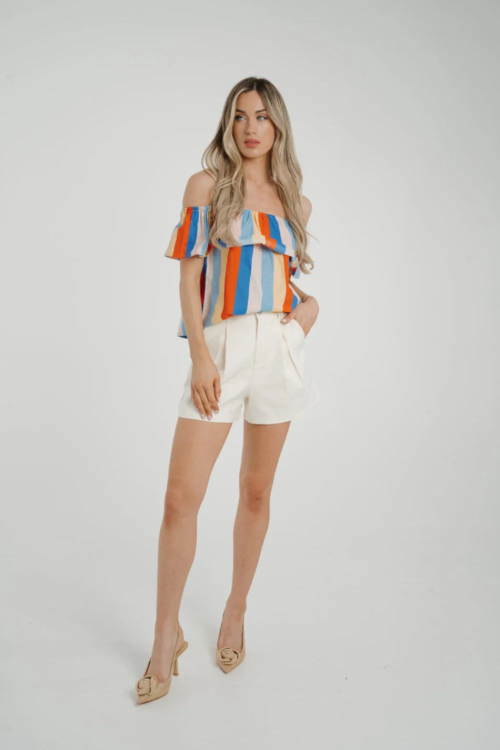 The Walk in Wardrobe Tops>Frankie Stripe Off Shoulder Top In Blue Multi