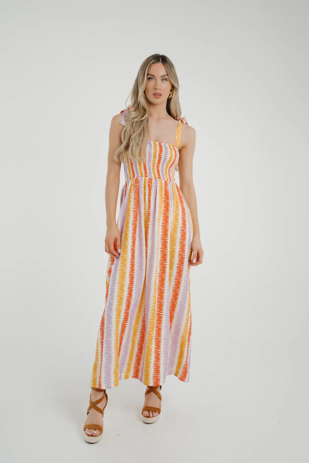 The Walk in Wardrobe Midi Dresses>Frankie Stripe Tie Shoulder Dress In Coral Mix