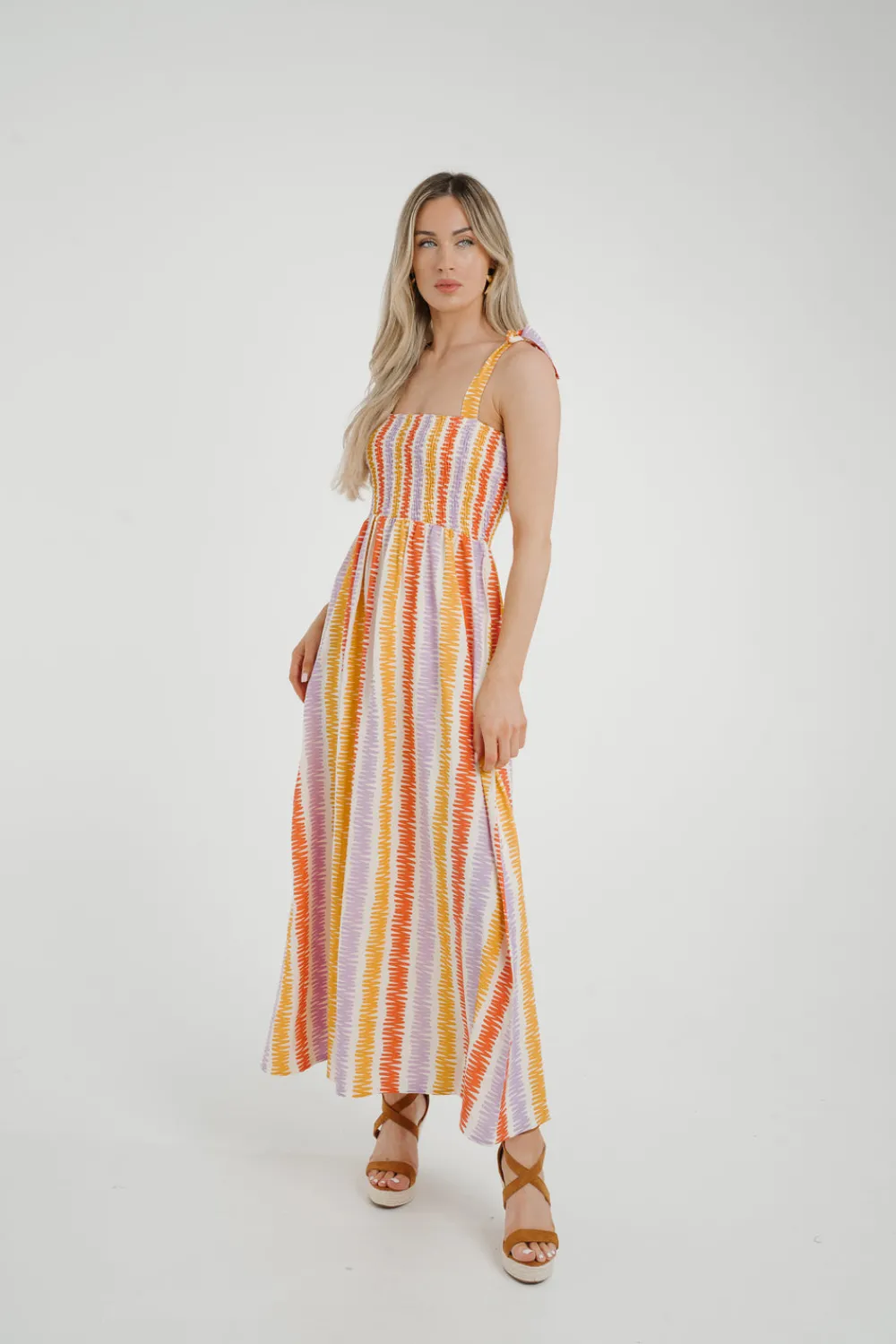 The Walk in Wardrobe Midi Dresses>Frankie Stripe Tie Shoulder Dress In Coral Mix