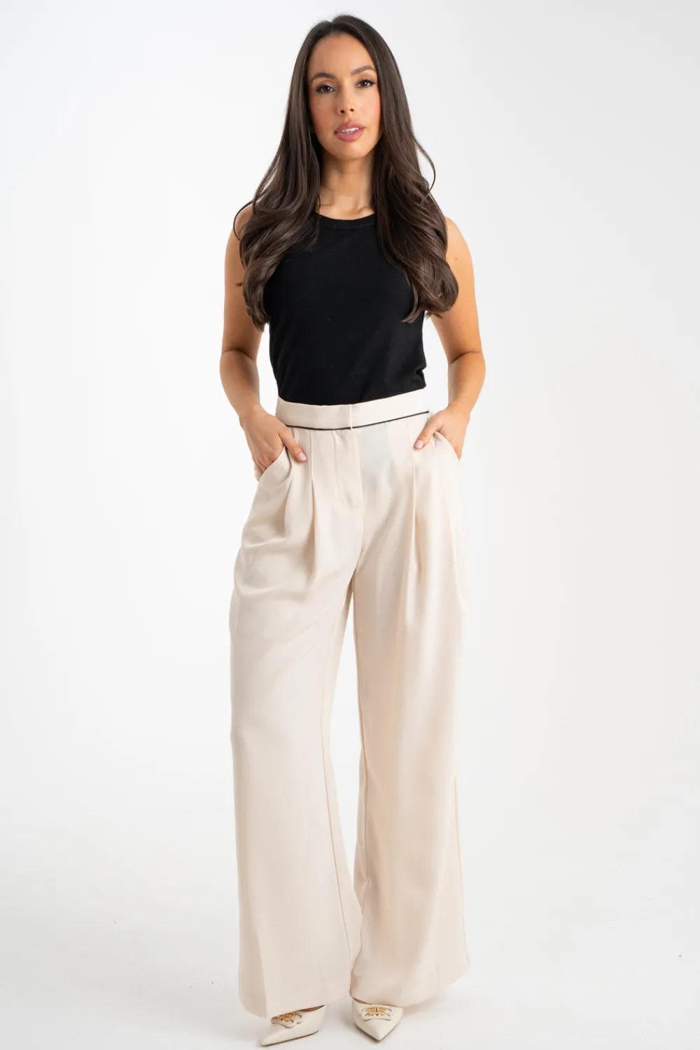 The Walk in Wardrobe Trousers>Grace Contrast Waist Trousers In Neutral