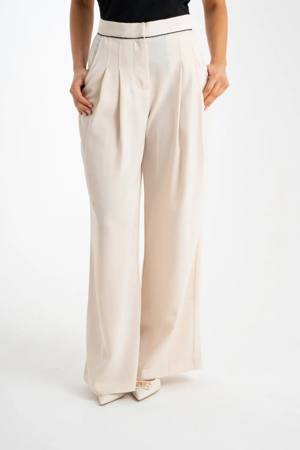 The Walk in Wardrobe Trousers>Grace Contrast Waist Trousers In Neutral