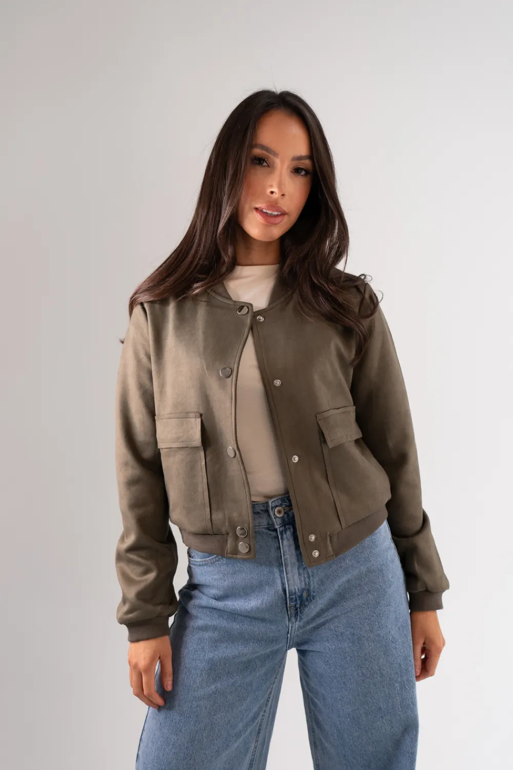 The Walk in Wardrobe Coats & Jackets>Harper Faux Suede Bomber Jacket In Khaki
