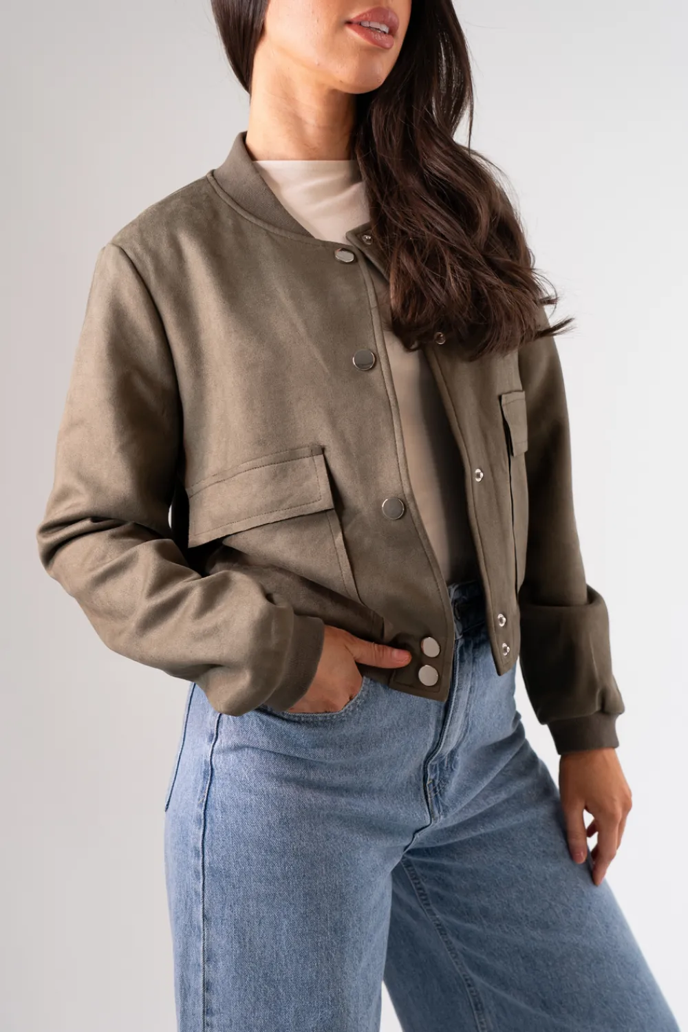 The Walk in Wardrobe Coats & Jackets>Harper Faux Suede Bomber Jacket In Khaki